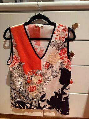Etro V-Neck Sleeveless Tank in Coral, Black and Cream